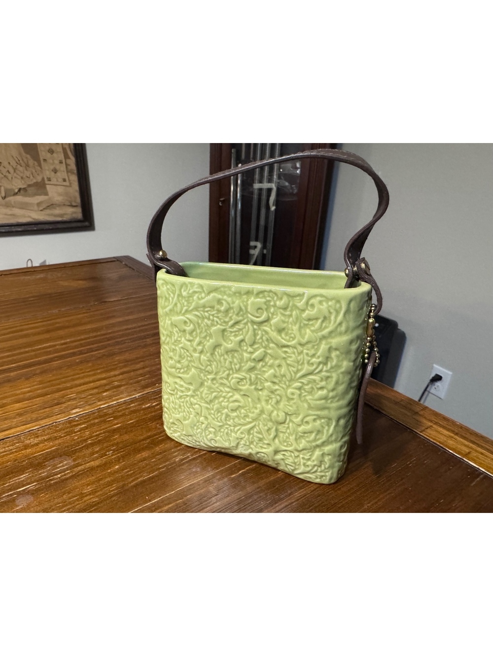 PURSEonality 2005 Ceramic Purse Vase Planter Green Embossed Floral Leather Hand